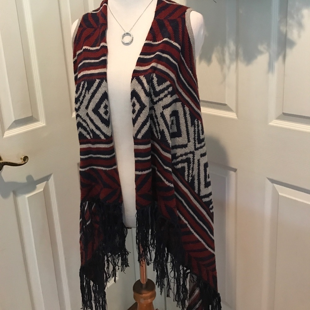 Navy, gray, and burgundy long sweater vest